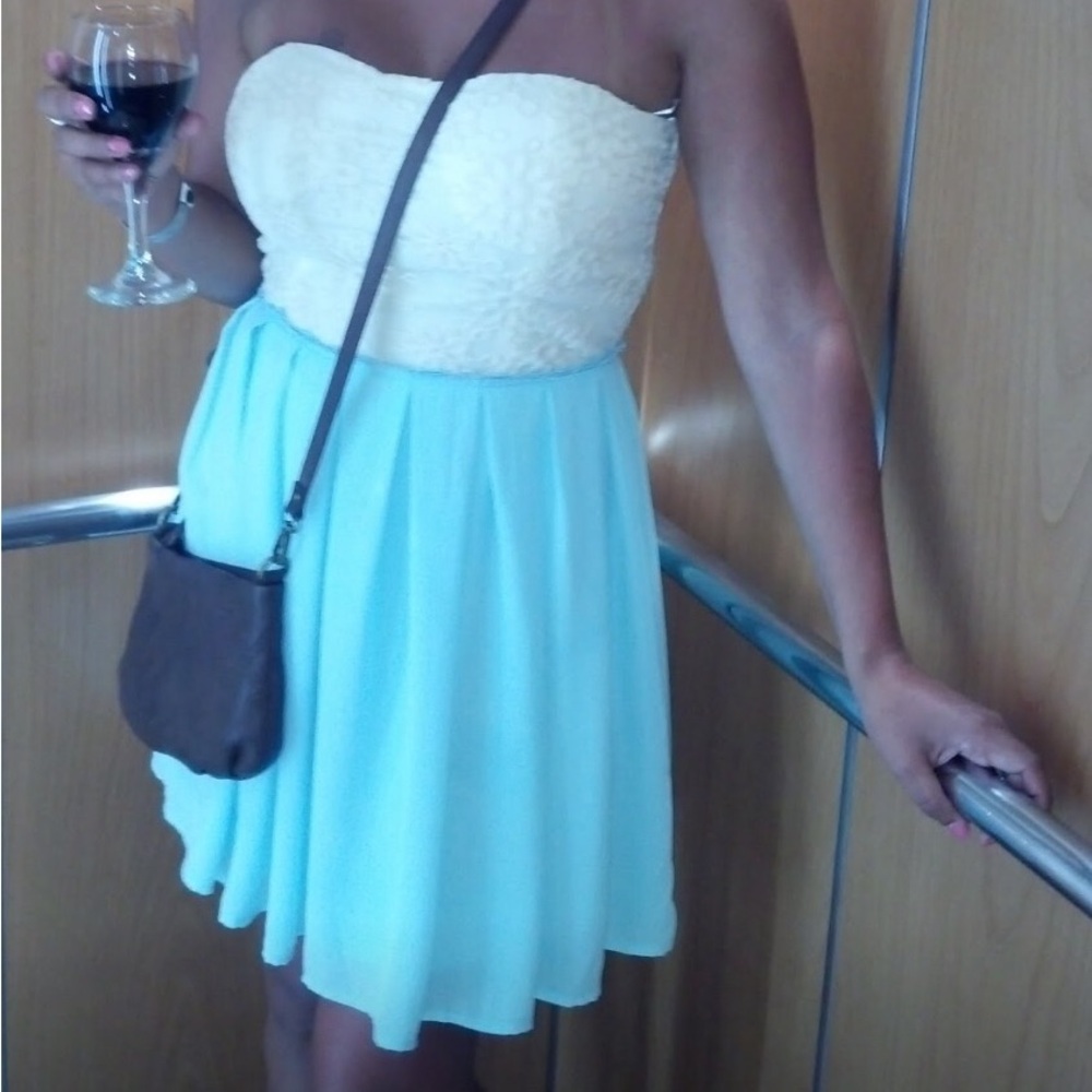 Ivory top and light blue dress